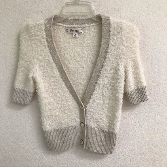 Decree Y2K fuzzy crop short sleeve button front sweater M - Picture 1 of 4
